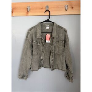 NWT Arula Altar’d State Distressed Denim Jacket Olive Gray Frayed Hem Size 1X